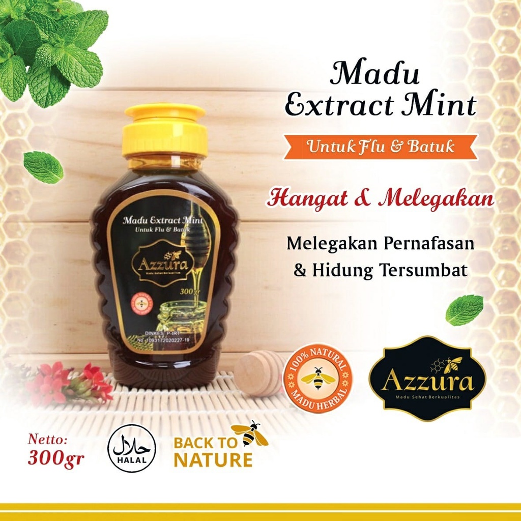 Madu Extract Mint Madu Herbal Azzura | Madu Flu Batuk Pernafasan dan Hidung Tersumbat [ 300/450/500 gram ]-300