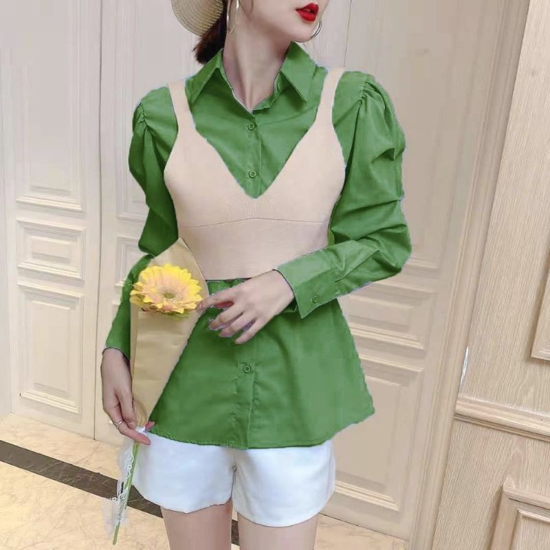 MDLV ~ 5831 NEPLOE PLAIN SHIRT W VEST SET KEMEJA DAN VEST RAJUT ELASTIS FASHION IMPORT WANITA