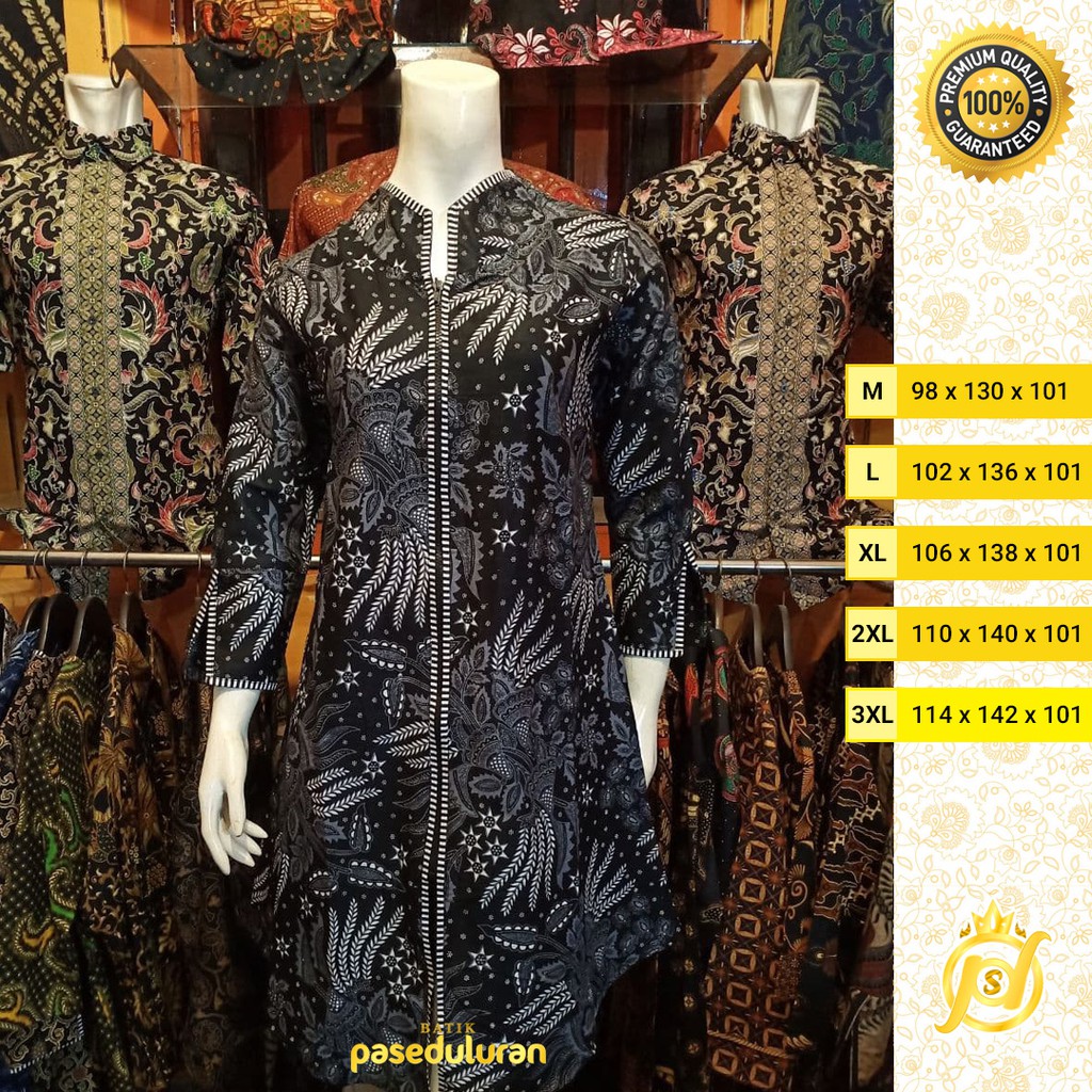 Tunik Wanita Batik Atasan Premium Motif Daun Manggar Warna Putih Resleting Panjang Terbaru