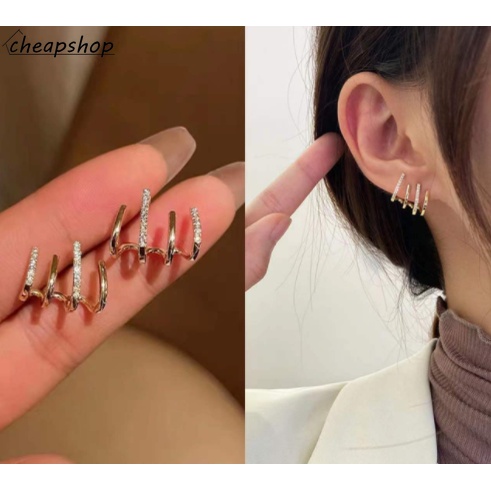 IFYOU Anting Stud Berlian Multilayer Warna Emas Gaya Korea Untuk Wanita