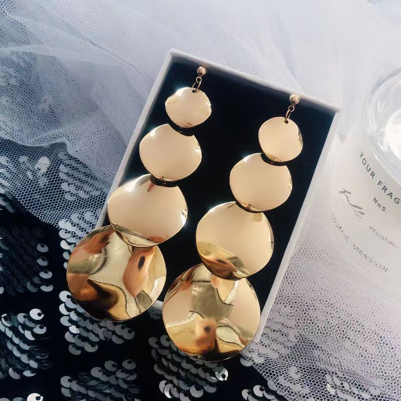 Anting Hook Wanita Geometri Tempereman Desain Mewah - Coin Drop Earrings Korean