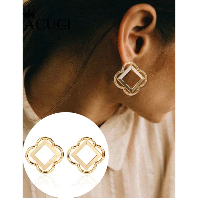 LRC Anting Tusuk Fashion Golden Geometric Alloy Flower Hollow Earrings K44433