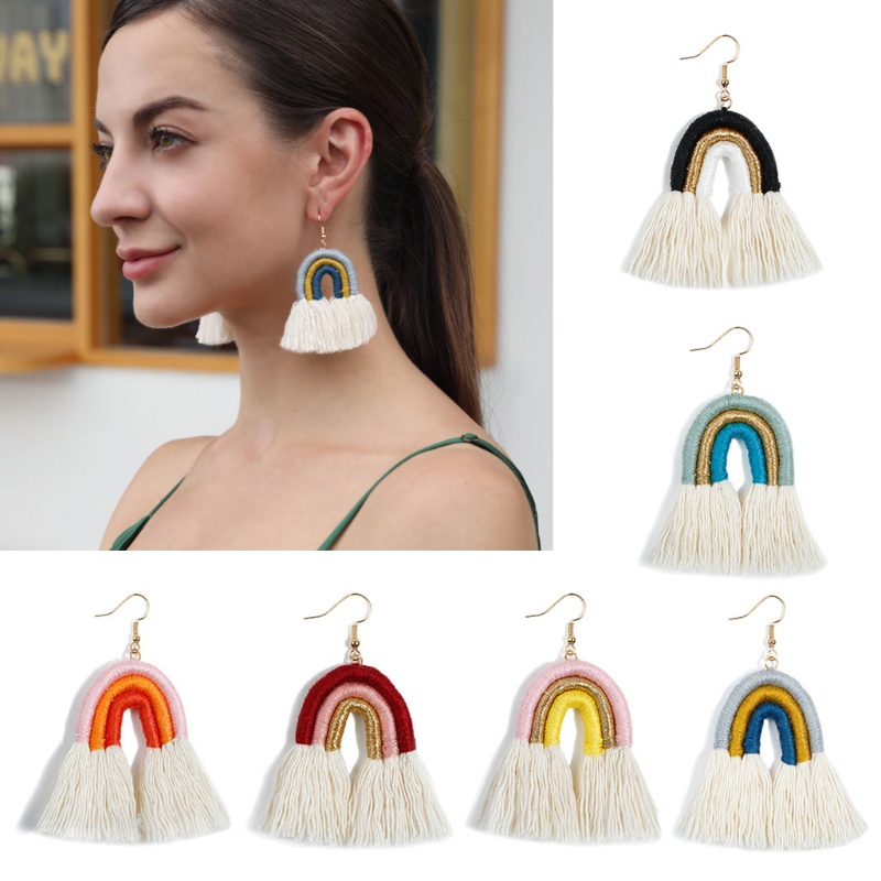 Siy Anting Kait Gantung Bahan Benang Katun Warna Pelangi Gaya Boho Handmade Untuk Wanita