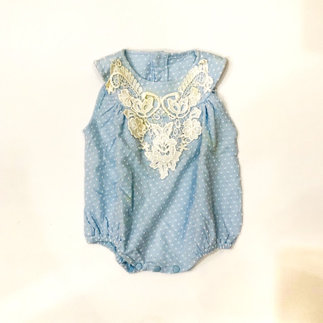 [Preloved] Eyka romper baby girl - polkadot biru bordir putih