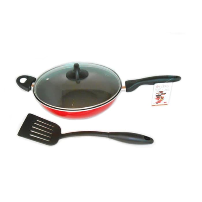 FM - Supra Wajan Stir Wok Glass 32 cm + Tutup Kaca FREE Spatula | Penggorengan anti lengket