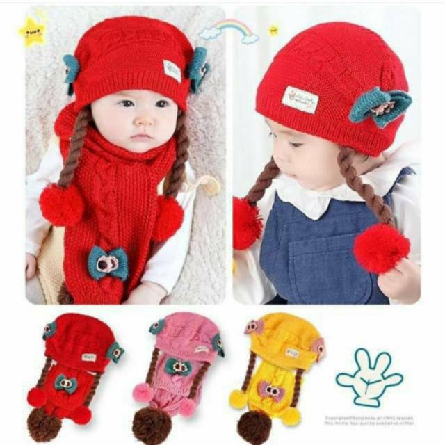 LKm027 TOPI RAJUT KEPANG DUA POMPOM / KUPLUK BAYI KEPANG-1