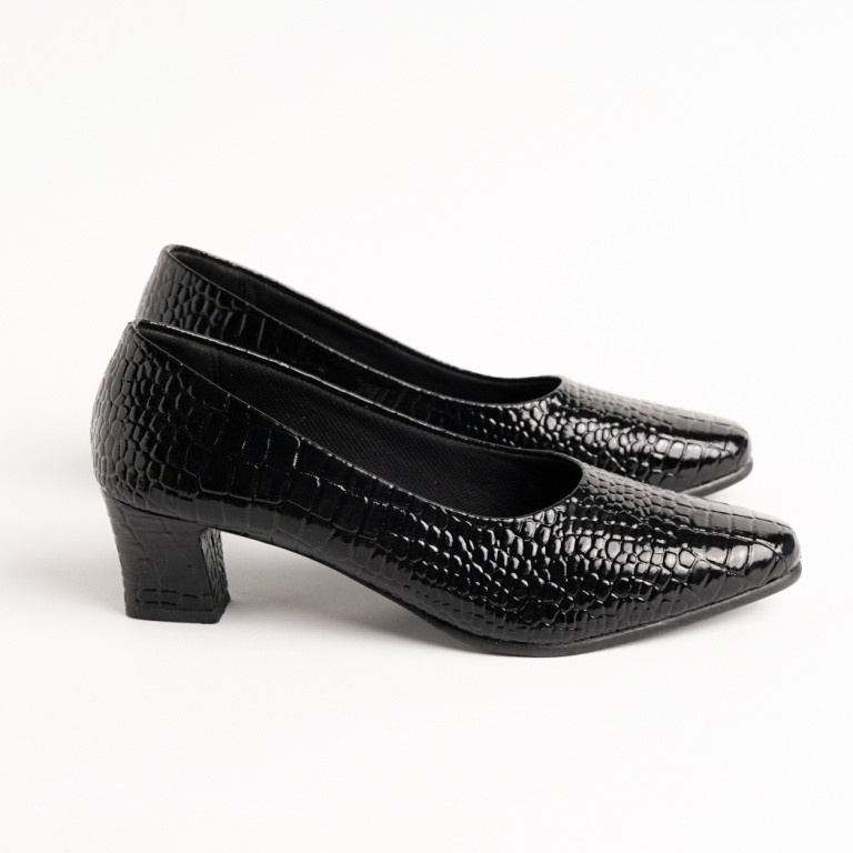 HEELS PANTOFEL BIG SIZE sepatu formal wanita ukuran jumbo-besar 41-45 kulit hitam croco serat buaya hak tahu 5cm