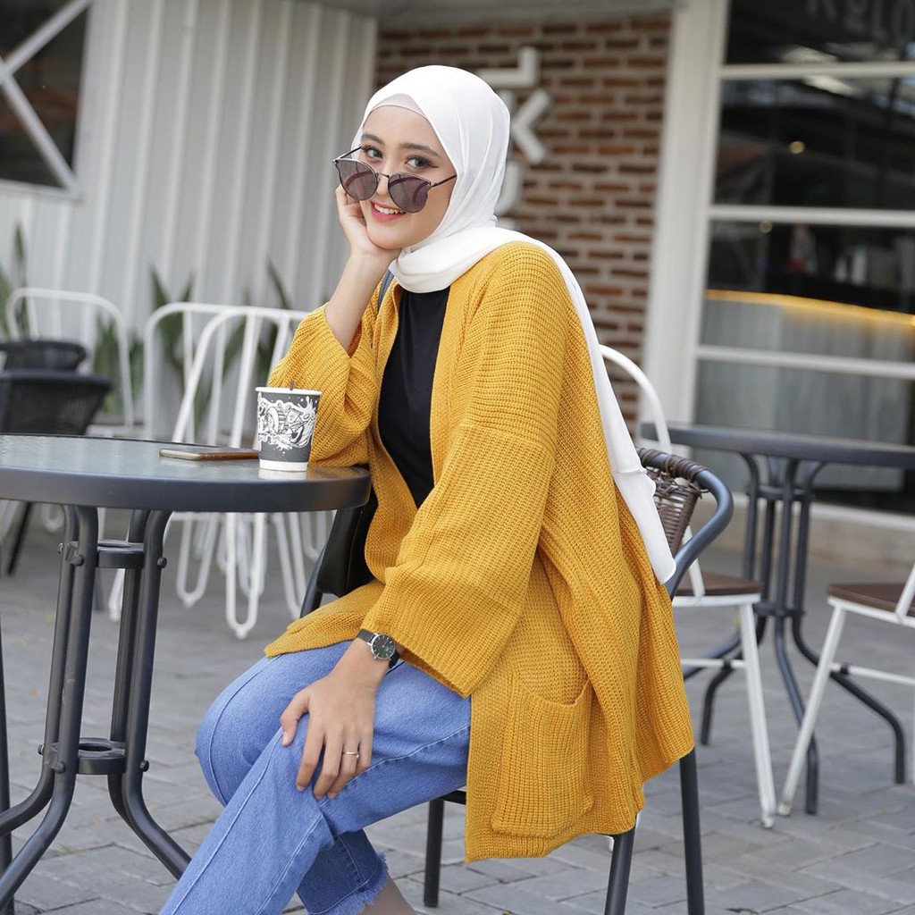 KARDIGAN RAJUT OVERSIZE JUMBO XXL 3XL 4XL PAKAIAN WANITA/ LOCY BIGSIZE-Mustard