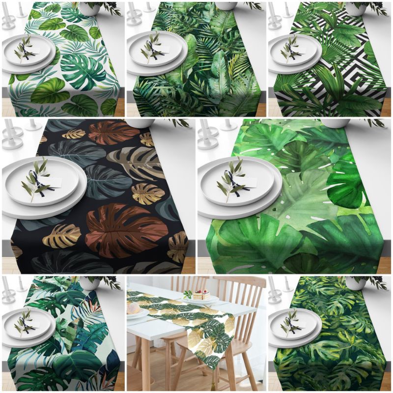 TABLE RUNNER TAPLAK MEJA MOTIF DAUN MONSTERA TROPICAL