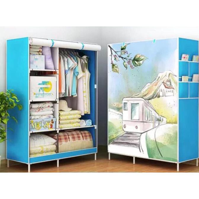 Lemari pakaian rak baju lemari kain lemari susun rak besi - Ungu cewek