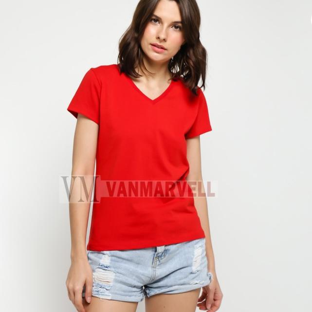➵ VM Kaos V Neck Wanita Polos pendek Merah - Merah, M ➦