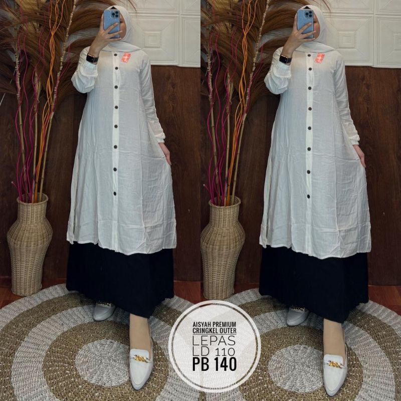 Baju Gamis Wanita Dewasa Rompi 2in1 Crincle Hitam Putih Full Kancing