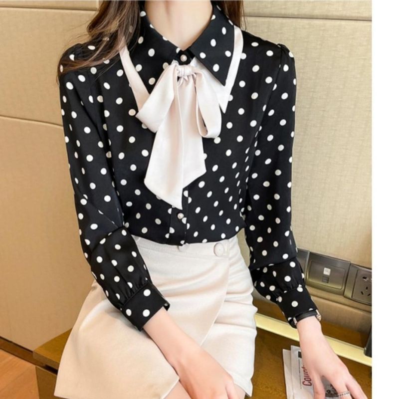 MDLV ~ 6845# Lilibeth Tie-neck Shirt Kemeja Polkadot Blouse Polkadot Atasan Polkadot Lengan Panjang Fashion Import