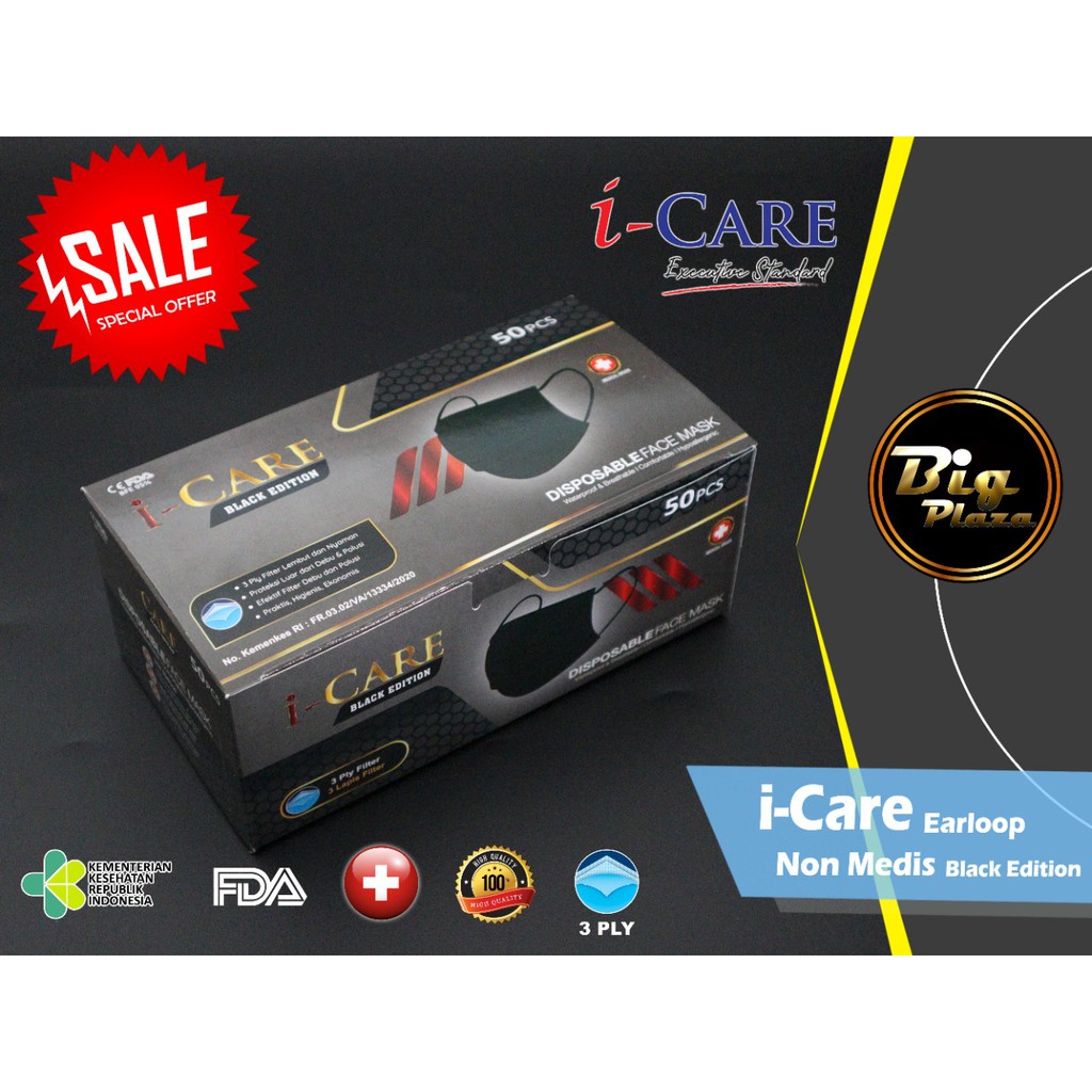 I-Care Black Earloop Masker Hitam 3ply Earloop isi 50pcs Icare Black Edition Hitam Putih - Big Plaza