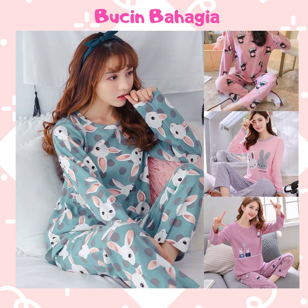 Pakaian Wanita Baju Tidur Wanita Piyama Lengan Panjang Celana Panjang Motif Kartun BT02