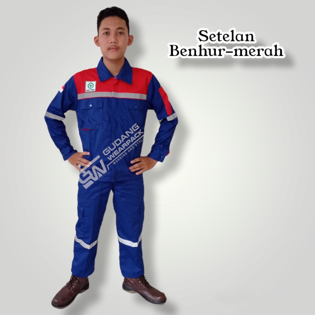 SETELAN Wearpack  BENHUR-MERAHlengan panjangsleting/ baju Kerja K3 (setelan standar)