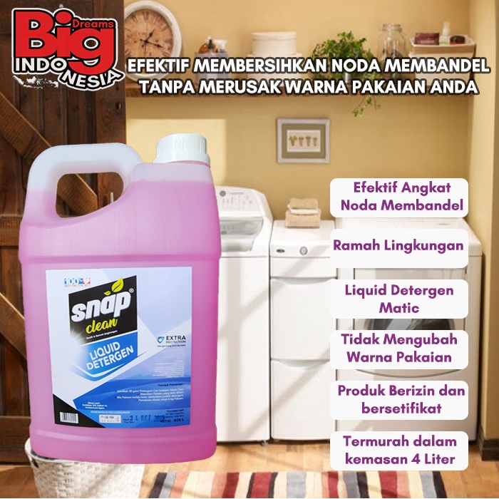 Sabun Cuci Baju Detergen Pakaian Laundry Deterjen Matic Cair Snap Clean 4 Liter Instant Sameday