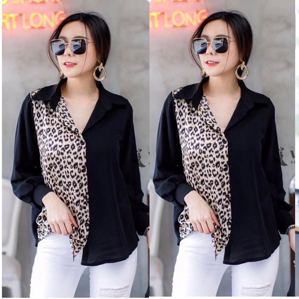 Kemeja LEOPARD jumbo wanita fit to XL KEMEJA BLOUSE GAUDY kemeja Kombi leopard Korean style kantor wanita bermotif gl