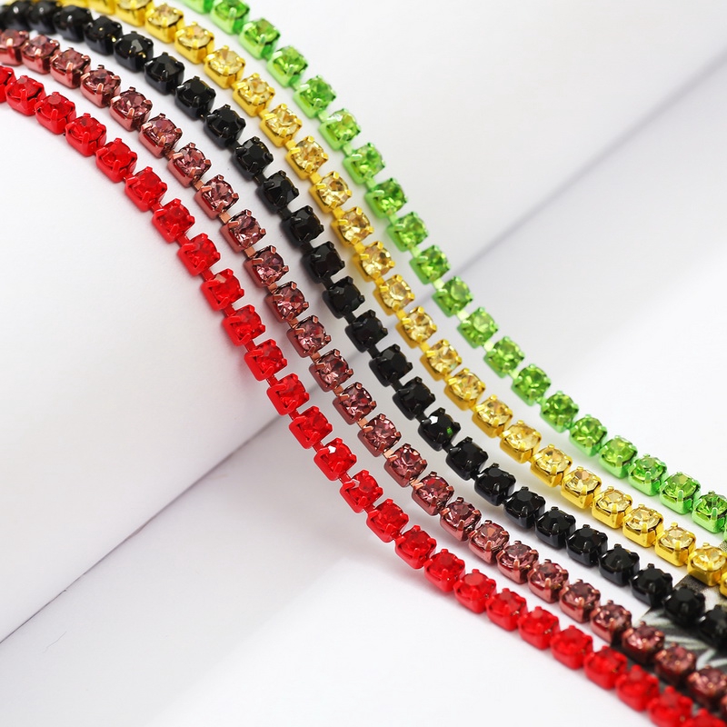 1yard Colorful Rhinestone Chain Glass Rhinestones Pemangkasan Rantai Cangkir Kristal Untuk Aksesoris Pakaian Jahit DIY