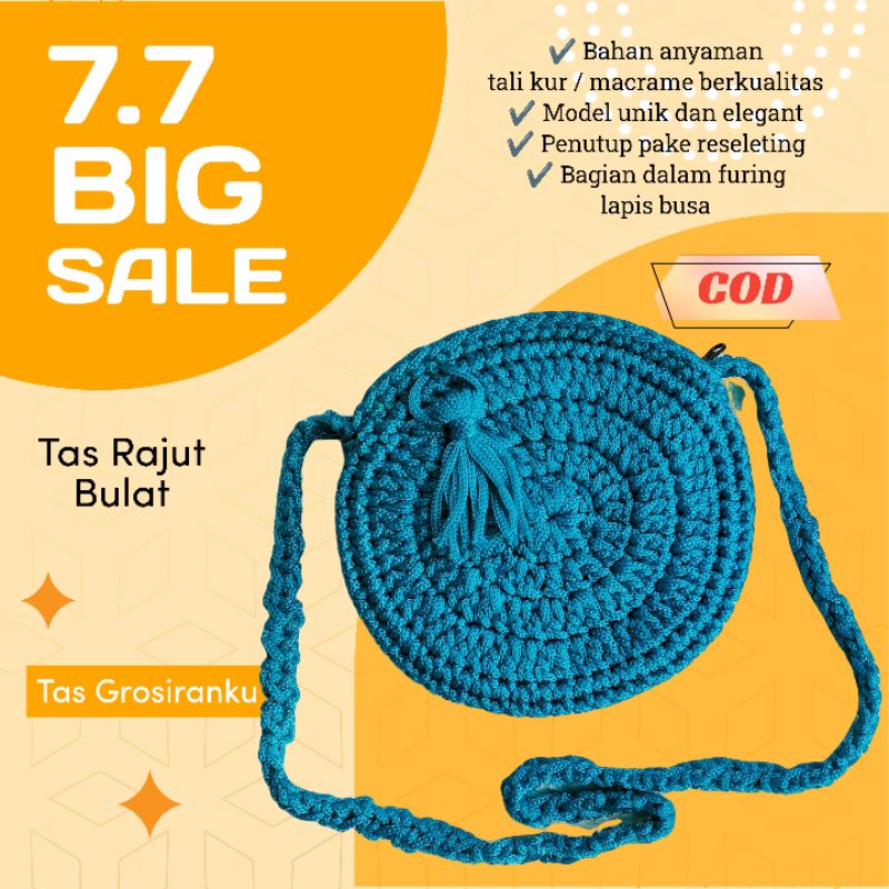Tas Selempang Rajut Tali Kur Model Bulat /Anyaman Tali Kur / Tas Slempang Wanita
