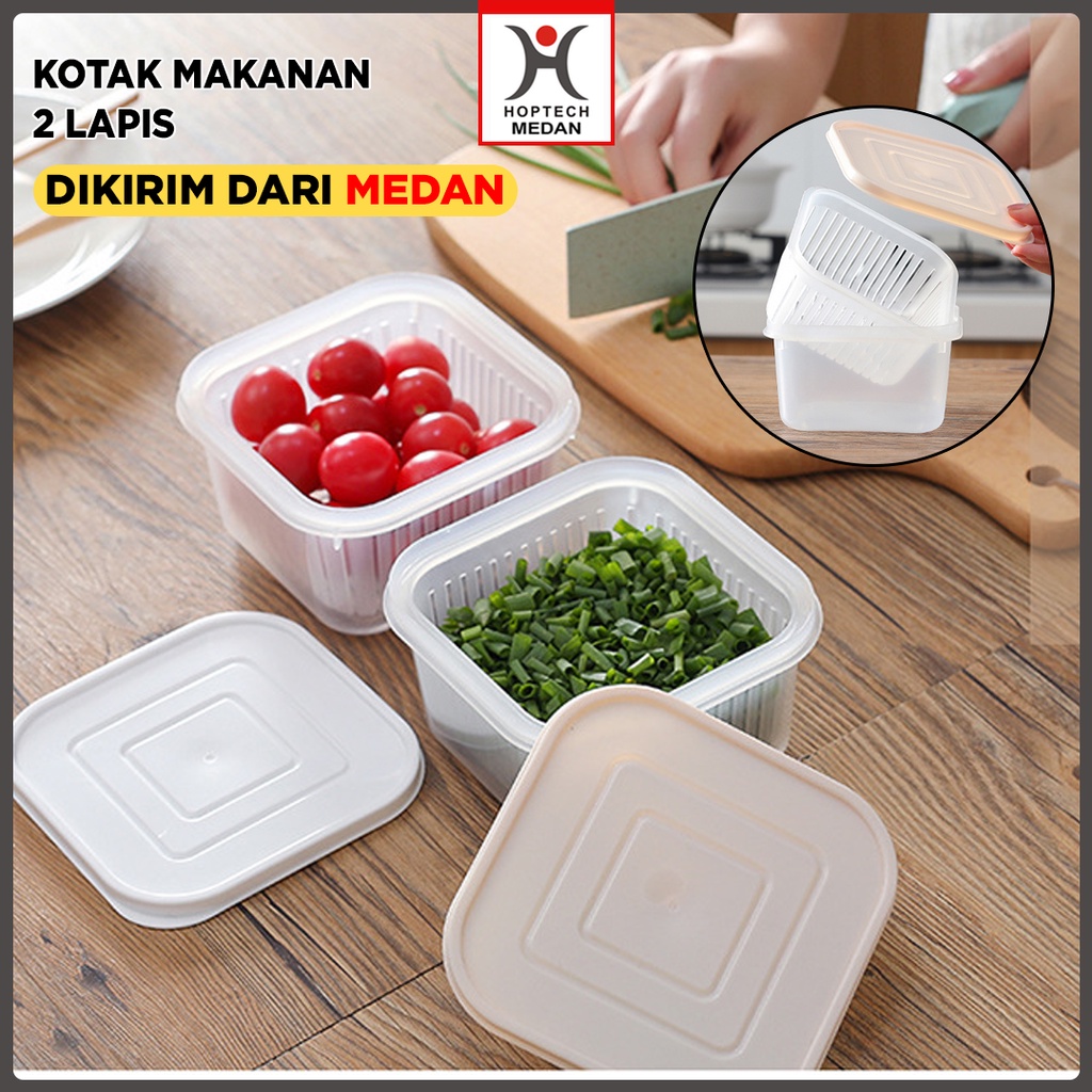 KOTAK MAKANAN KERANJANG PENGERINGAN 2 LAPIS MULTIFUNGSI PERSEGI KOTAK FOOD STORAGE DAPUR KOTAK PENYIMPANAN DENGAN TUTUP