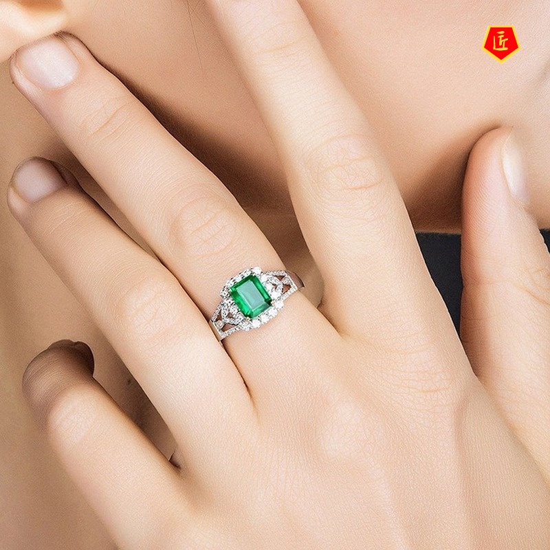 [Ready Stock]Luxury High-End Inlaid Emerald Open Ring for Women