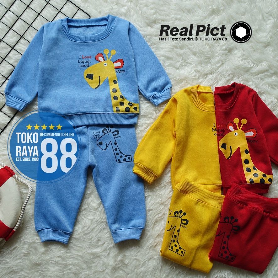 [SJK-RF05] TOKO RAYA 88, Setelan Sweater Fleece Anak 1 - 2 Tahun, Jaket Bayi RED FOREST Jerapah Happ