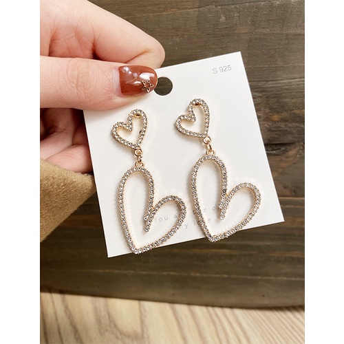 LRC Anting Tusuk Fashion Golden Double Love Diamond Hollow Earrings V33013