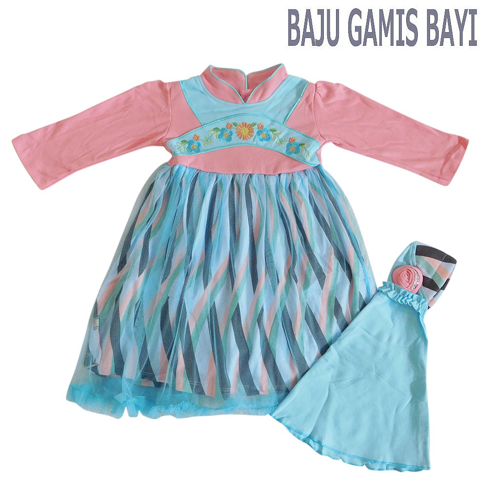 Baju Muslim Anak Bayi Perempuan Gamis Tutu Motif Pelangi Zig Zag- BMP1001