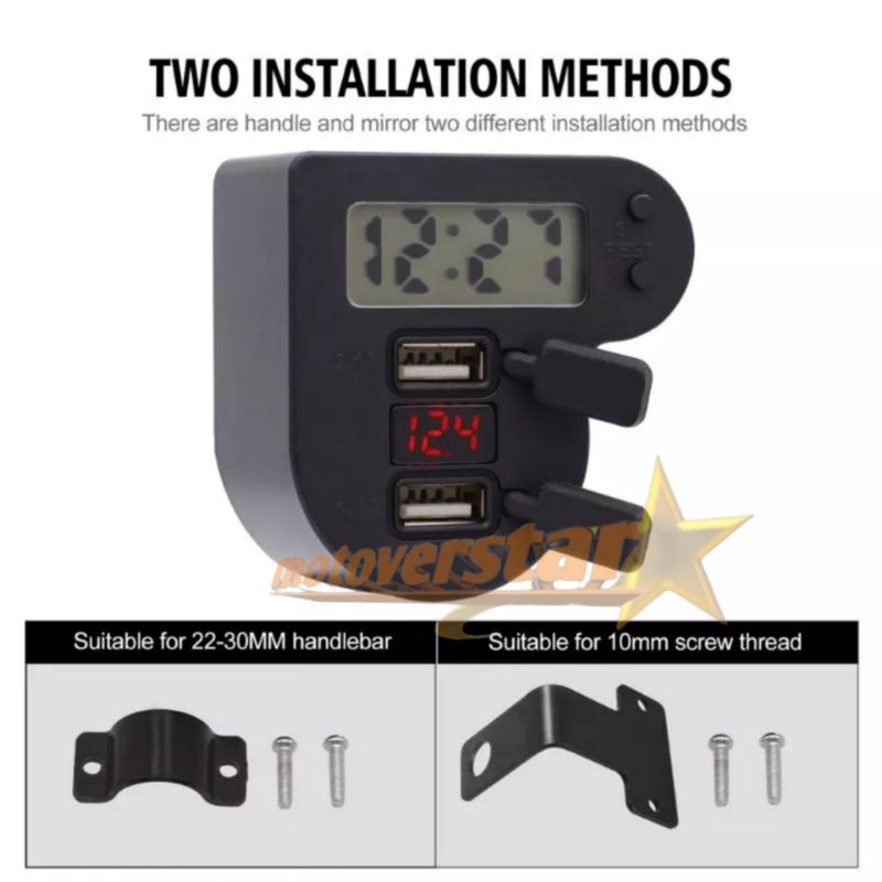 Voltmeter Charger USB Led Digital Jam Motor Dudukan stang
