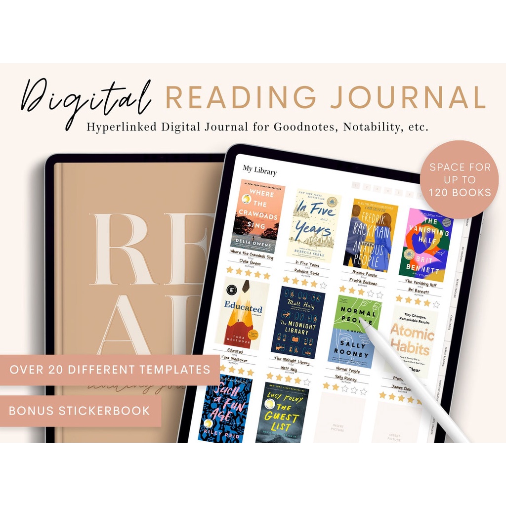 Digital Journal &amp; Planner - Book Reading Review &amp; Tracker (Tab Hyperlinked) for note taking apps like Goodnotes, Notability, Xodo, etc.