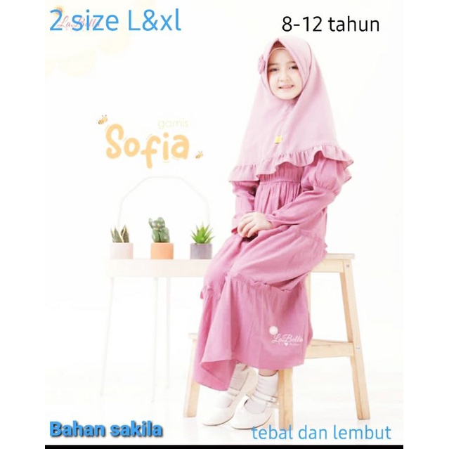 gamis sofia kids.bahan shakila  8-12 tahun fre hijab