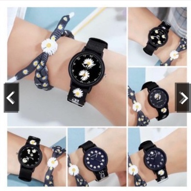 (SS)Jam Tangan Wanita Analog Motif Bunga Daisy Bahan Nilon Kanvas