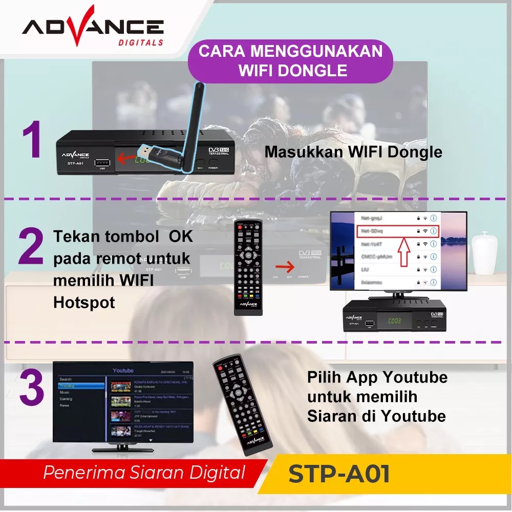 【Garansi 1 Tahun】Advance STP-A01 Set Top Box TV Digital Receiver Penerima Siaran Full HD/STB Wifi Bisa Youtube DVB-T2