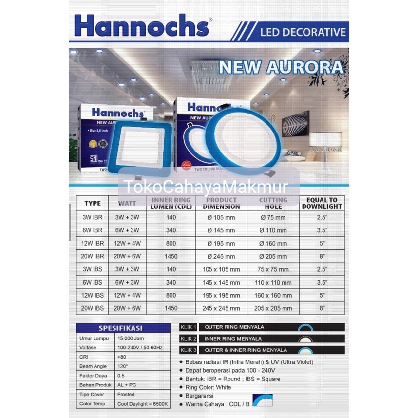 Lampu LED Downlight Hannochs New Aurora IBS Square Segi 3w,6w,12w,20w CoolDayLight