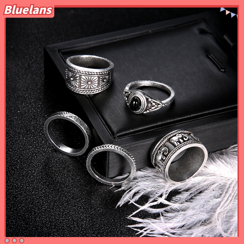 Bluelans 5Pcs Carving Elephant Round Stone Stacking Women Retro Knuckle Ring Jewelry