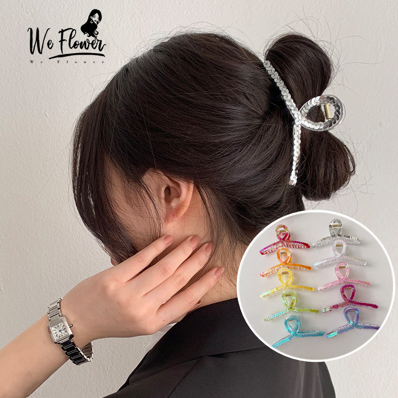 Kami Bunga Musim Panas Fashion Bersinar Sequin Acrylic Hair Claw Clip Untuk Wanita Perempuan Korea Besar Warna-Warni Resin Jepit Rambut Ponytail Holder Hair Clamp Aksesoris