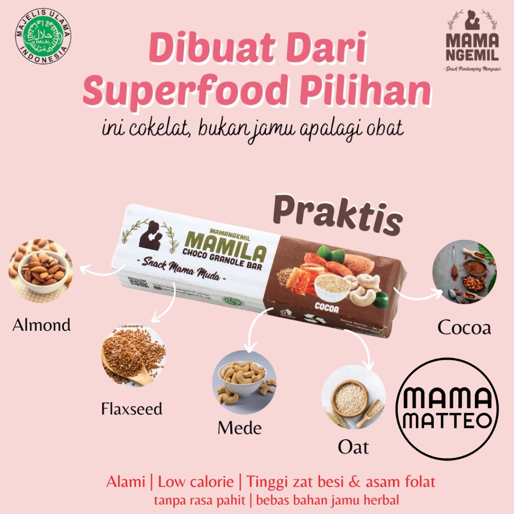 MAMA NGEMIL Choco Bar 75gr dan Mamila Granole Bar 37gr / Low Calorie / ASI Booster Bebas Pahit / Pelancar ASI / Coklat ASI Booster / BANDUNG