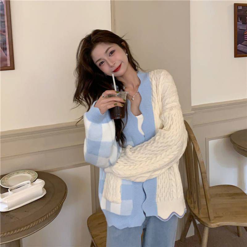[littlecrab] Cardigan Oversize Biru Putih Knit Two Tone Korea Outer Rajut Gingham Import Berkualitas Korean Style