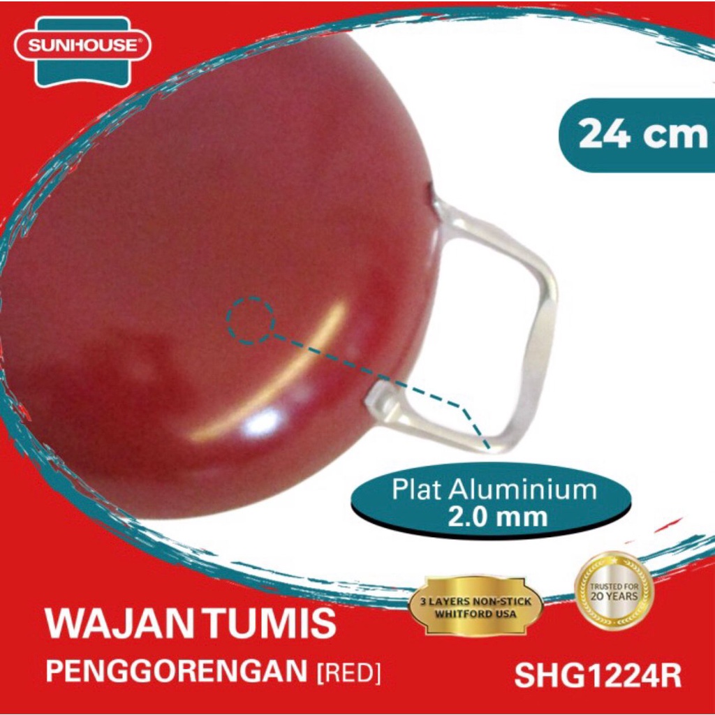 Wajan Tumis Sunhouse SHG 1224R Anti Lengket Hitam Merah 24Cm