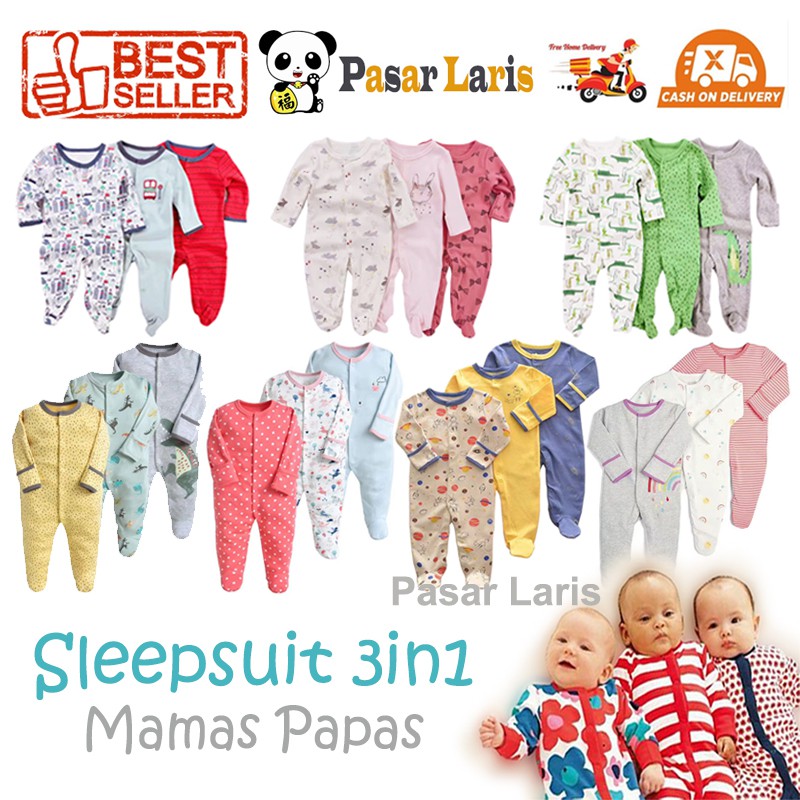Sleepsuit Bayi Mamas Papas 3in1 PREMIUM QUALITY Pajamas Tutup Kaki  Baju Bayi Romper Baju Tidur