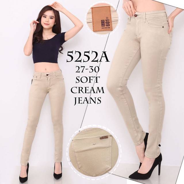 5252 A Jeans skinny soft cream STRETCH KEKINIAN BARU JEANS WANITA ONE SLICE | HIPSTER CUT KNEE