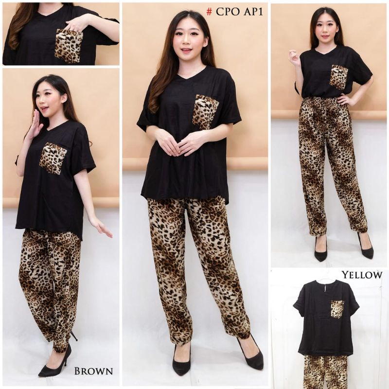 Baju tidur motif macan setelan bahan rayon all size