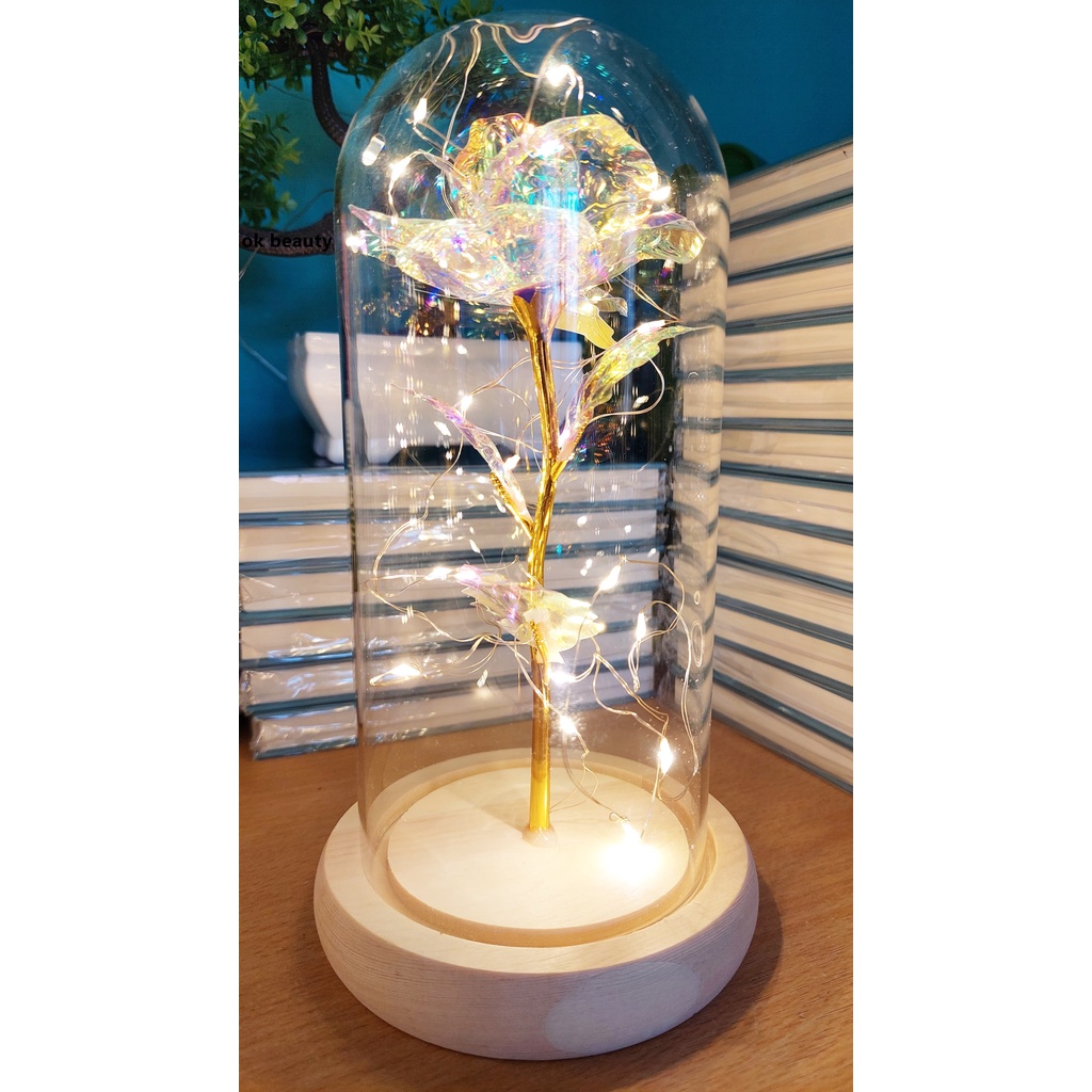 LAMPU BUNGA MAWAR LED KACA DEKORASI HIAS BEAUTY AND THE BEAST ROSE KADO PERNIKAHAN ULANG TAHUN