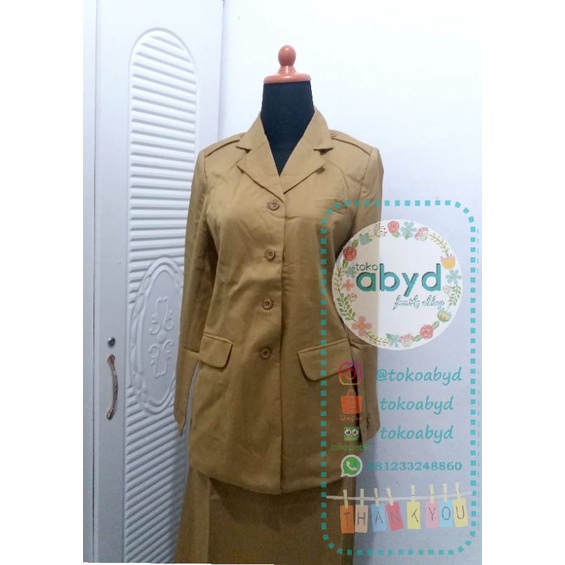 Seragam PNS Wanita PDH Khaki Muda Setelan Blazer Rok Model A