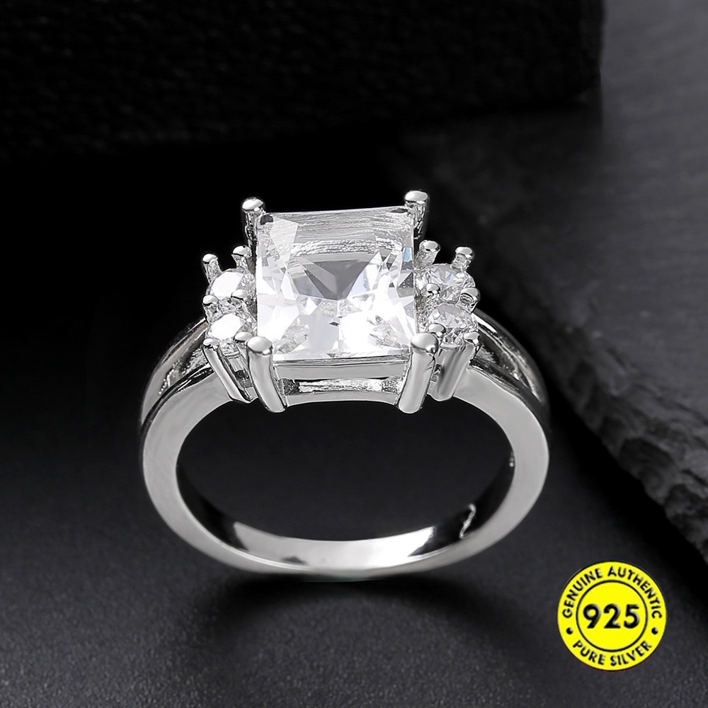 Cincin Zircon Persegi Bahan S925 Silver Platinum Gaya Korea