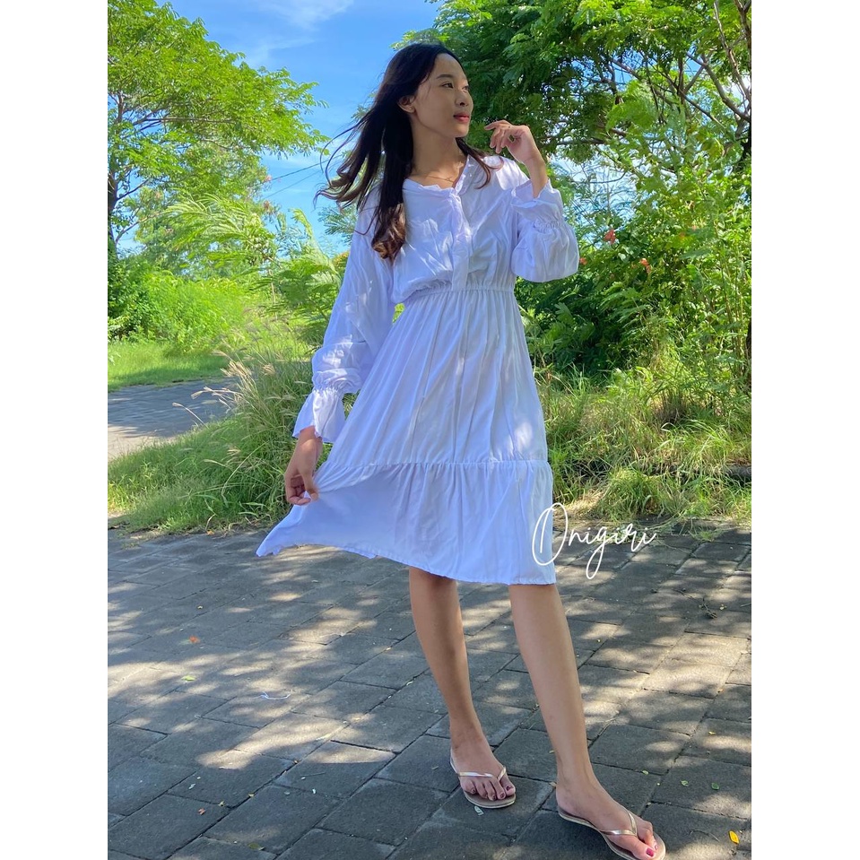 Dress Korea Wanita Kondangan Dres Korean Style Muslim Lengan Panjang Gamis Perempuan Warna Putih Pol