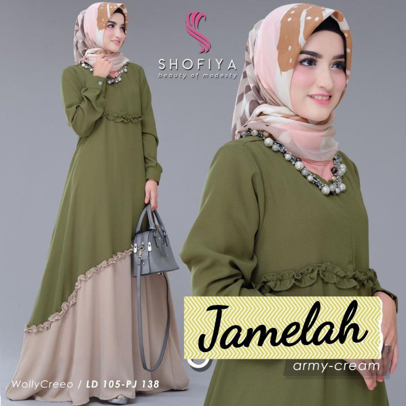 Jamelah- Bisa COD Gamis Baju Dress ARAB Kondangan Renda Samping Kombinasi Warna Polos Hijau Ijo Army
