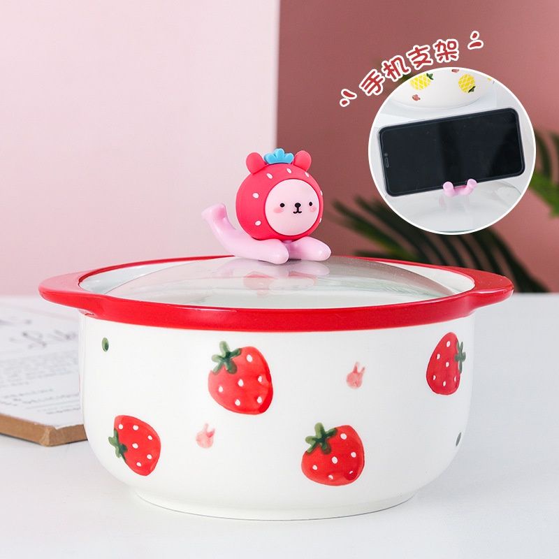 Panci Keramik Korea Motif Kartun Buah| Panci Keramik Ramen Mie Instan | Panci Keramik Tutup Kaca