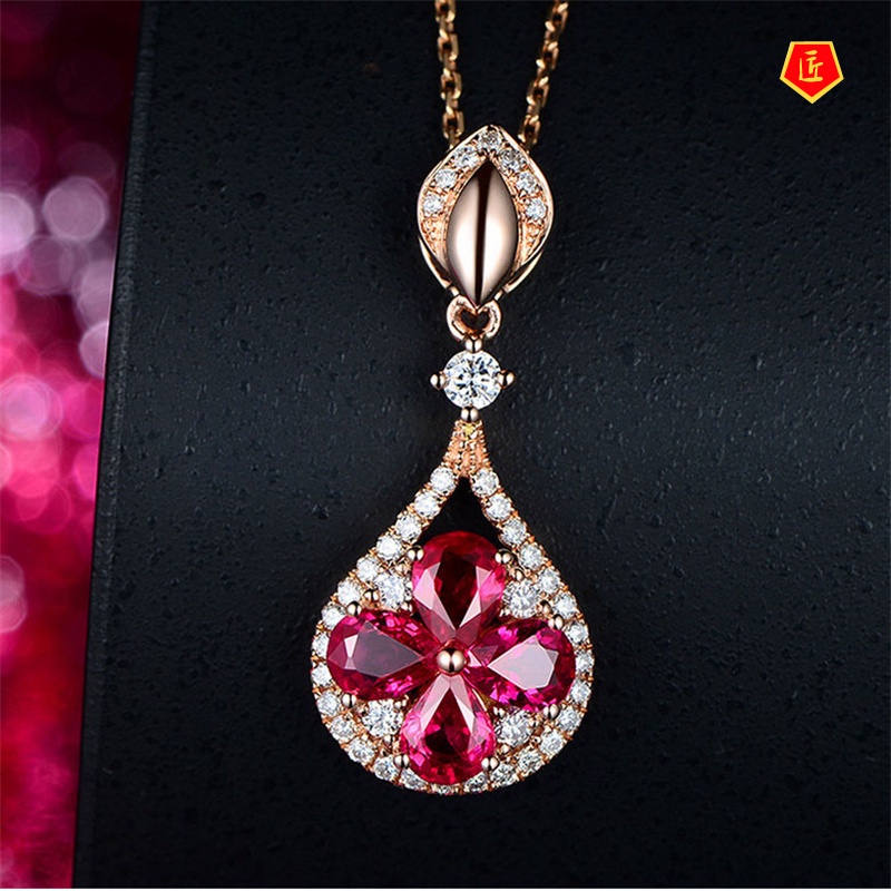 [Ready Stock]Silver Necklace Female Water Drop Four Colored Gemstone Pendant 18K Rose Gold